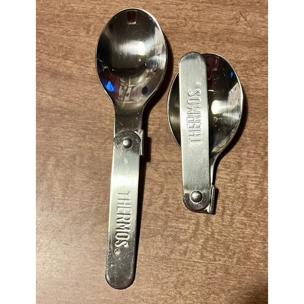 Thermos Stainless Steel Folding Spoons Set of 2 Compact Camping Travel Utensils